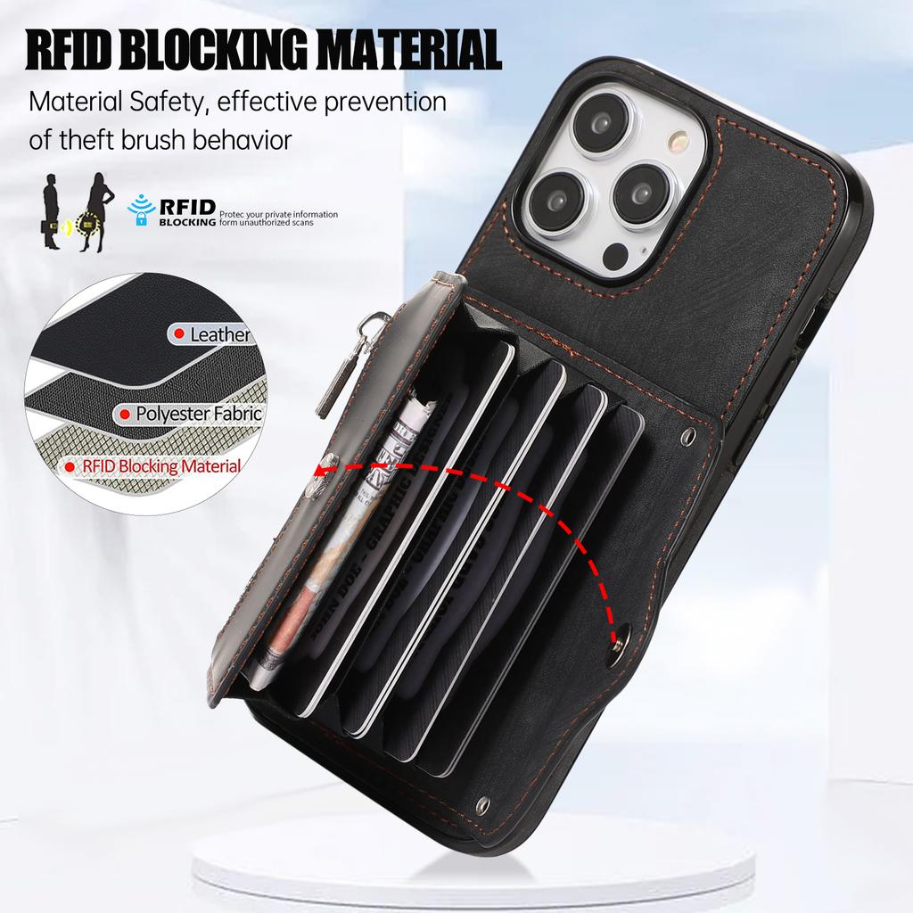 For iPhone 14 Pro PU Leather+TPU Scratch Proof Phone Case Kickstand Cover with RFID Blocking Card Bag
