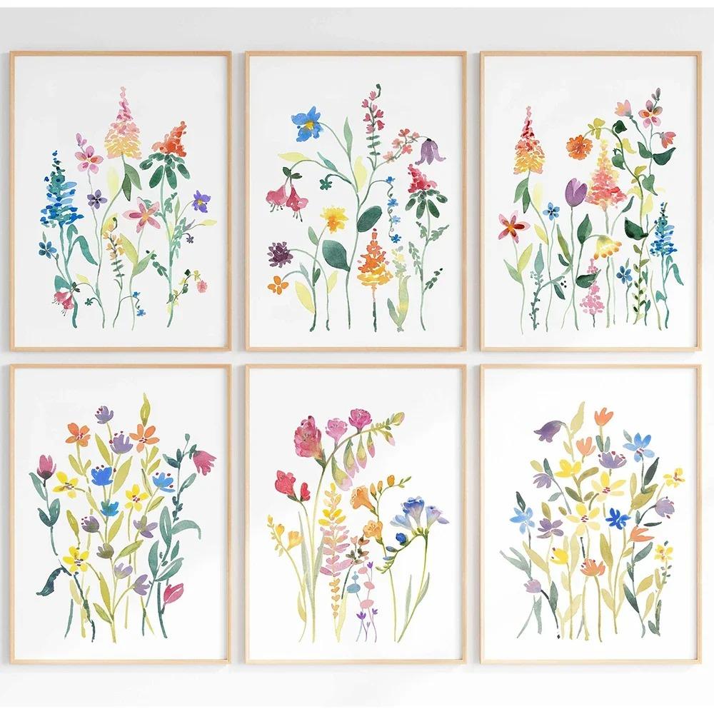 Sulu Boya Kır Çiçeği Posteri Renkli Çiçek Baskıları Bitki Duvar Sanatı Tuval Tablo Oturma Odası Dekorasyonu için Duvar Resimleri