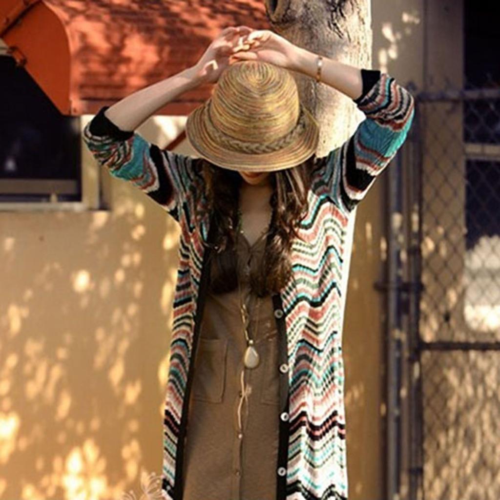 Kvinnor sommar Bohemia stil halmhattar Vikbar randig flätad rep strandsolhatt