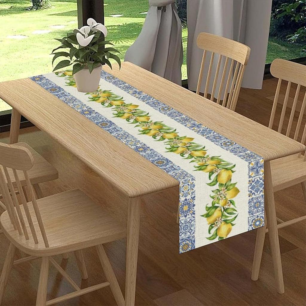 Summer Lemon Blue Tiles Linen Table Runner Party Decor Watercolor Floral Fruit Leaves Kitchen Dining Table Runners Home Decor