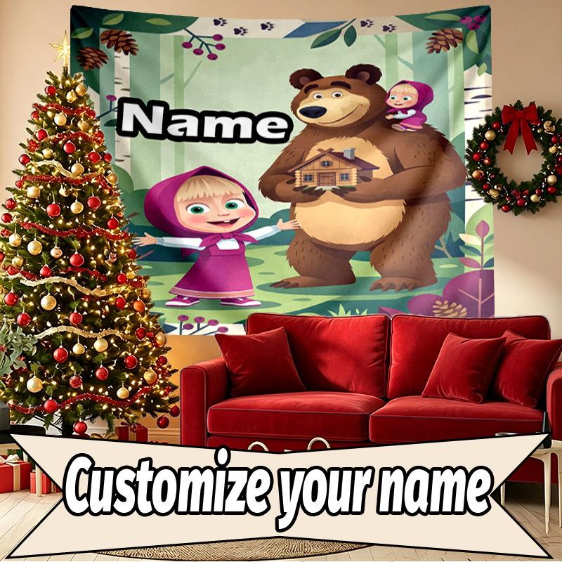 Custom Name Personalized Masha and the Bear Print Tapestry, Wall Art Decor, Bedroom, Dorm, Apartment, LivingRoom, Party Backdrop, Gift for Birthday