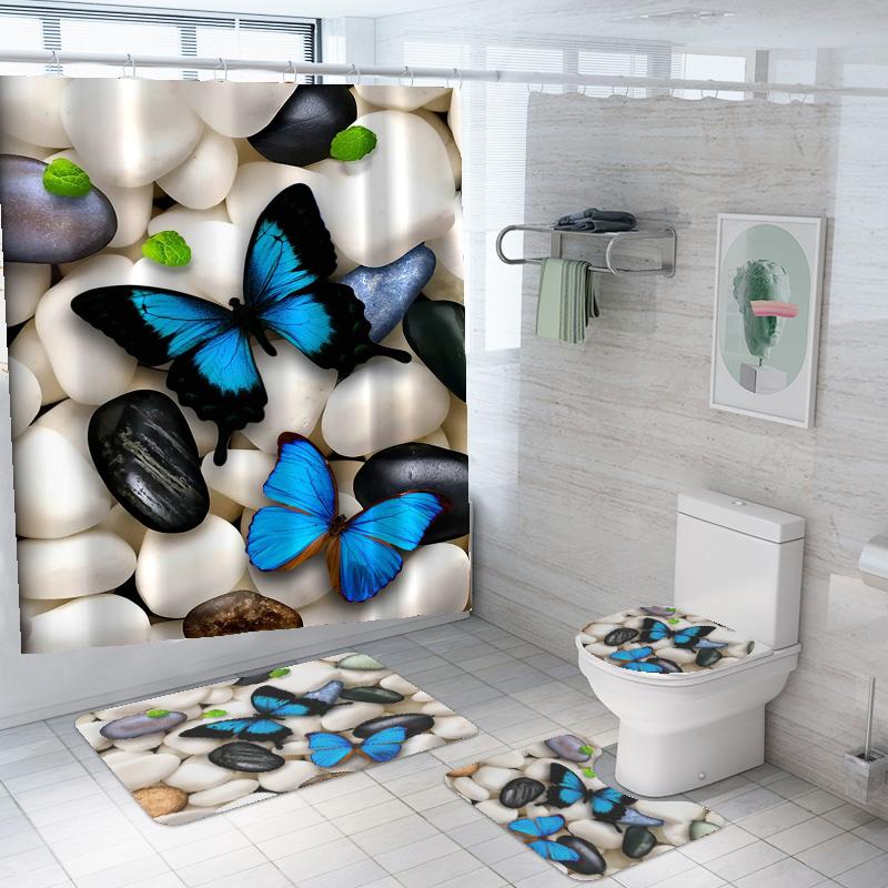 4 STK Luksus Sommerfugl Dusjforhengsett Geometriske Striper Draperier For Baderomstilbehørsett Badekarforheng Med Kroker Vanntett