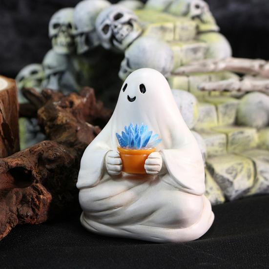 2 Pcs Sitting Ghost Ornaments Reading Holding Potted Plant Statue Figurine Resin Ghost Halloween Decor
