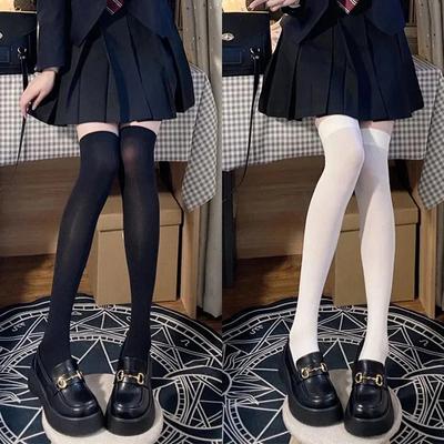 JK Women Black White Knee High Lolita Socks Lady Girls Over Knee Cute Long Sock Thin Breathable Solid Color Stockings For Women