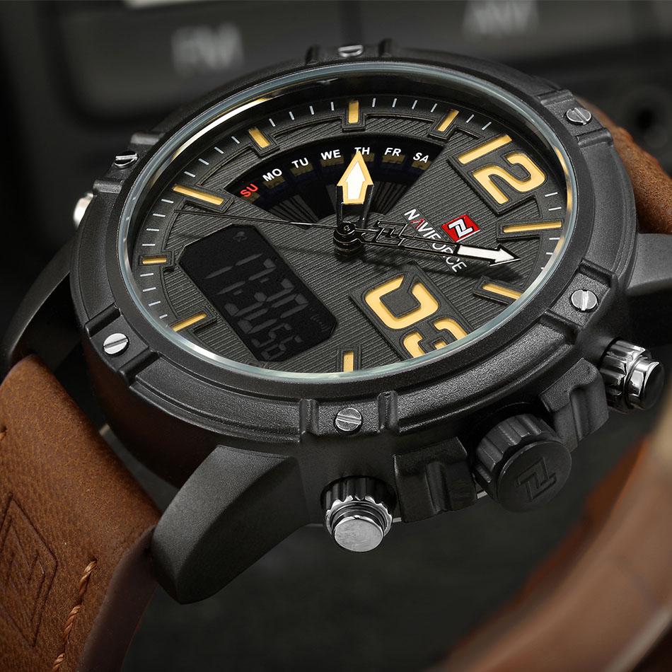 Naviforce Men Casual Brown Leather Sport Watches Fashion Dual Display Digital Quartz Wristwatch