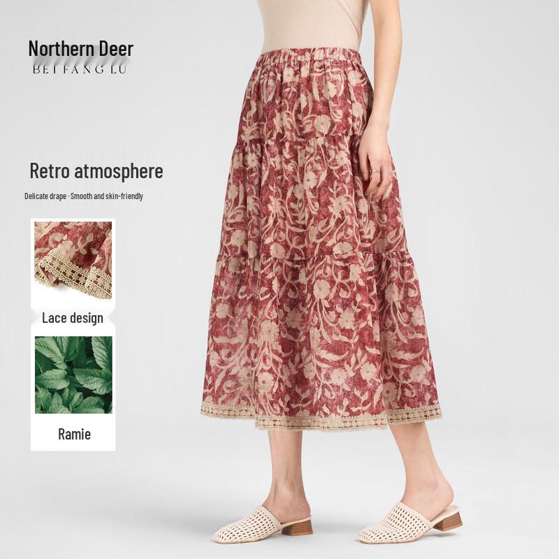 Northern Deer Tencel Ramie Blend Floral A-Line Midi Skirt M