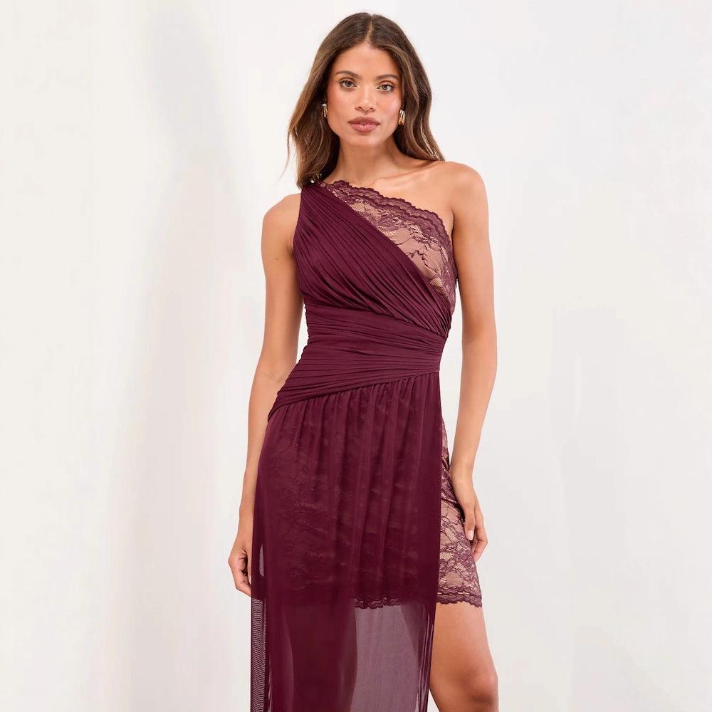 2025 Women s One-Shoulder Backless Lace Evening Gown Small вино красного