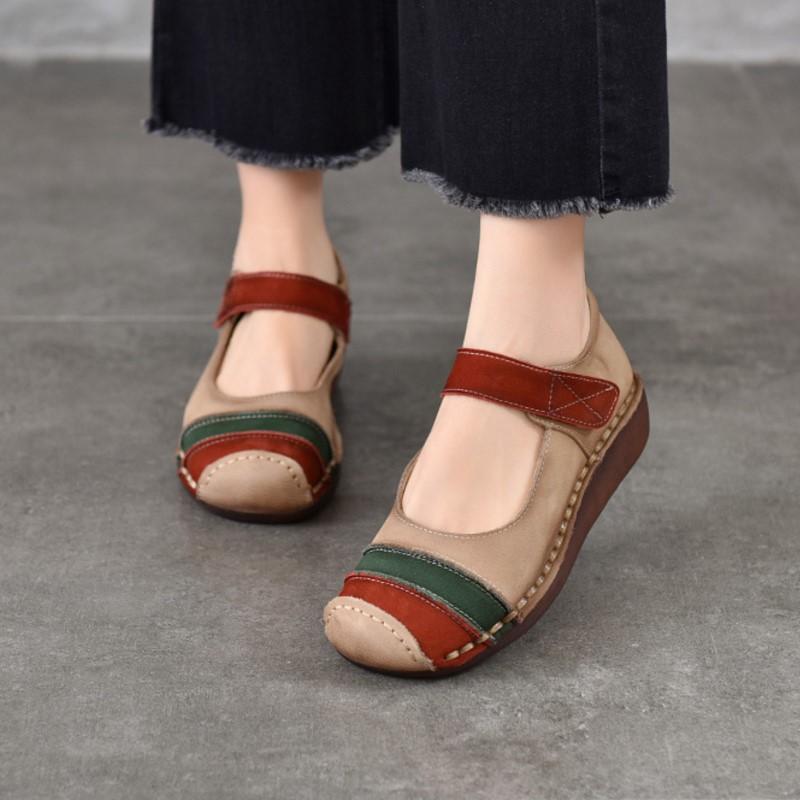 Johnature Retro Round Toe Genuine Leather Women's Shoes Cowhide Soft Sole Mixed Colors Wedge Heel Shoes