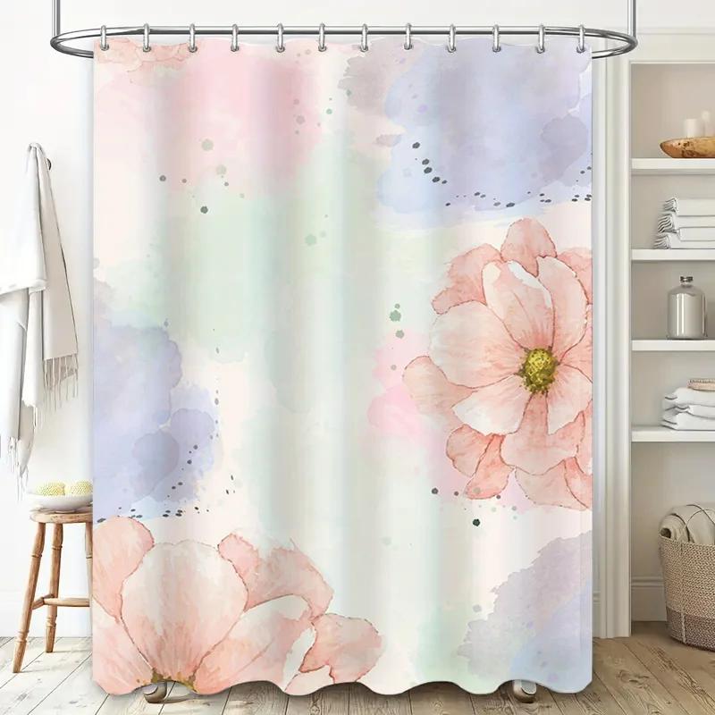 Watercolor Floral Bath Shower Curtain Pink White Green Pastel Decorative Hanging Waterproof Bathroom Decoration with Rings (L)