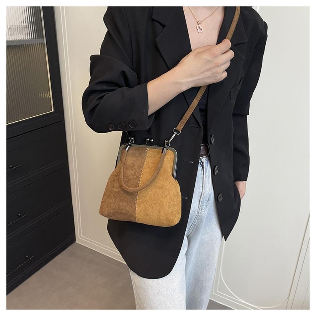 Imitation Suede Women's Retro Crossbody Bag, Elegant Contrasting Color Kiss Lock Shoulder Bag, Detachable Shoulder Strap Small Handbag, Daily Handbag