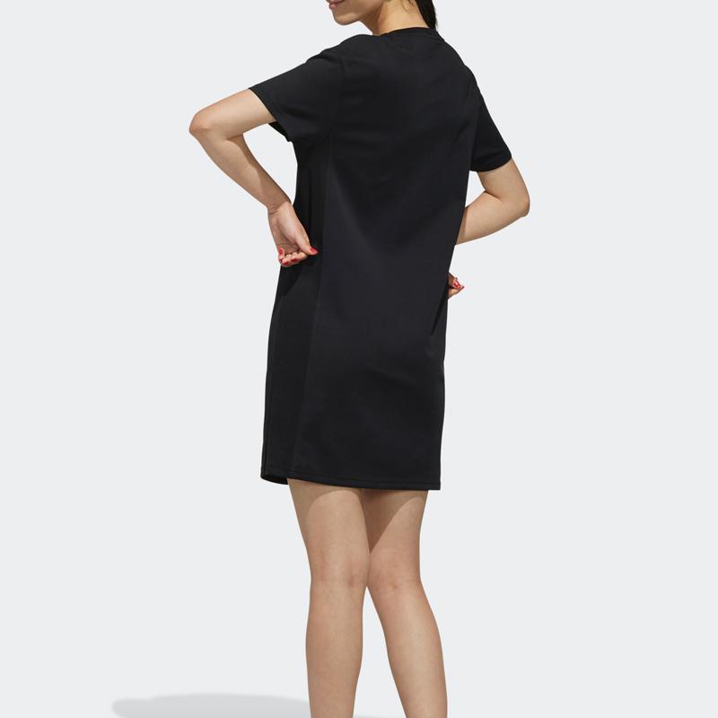 Adidas Solid Color Round Neck Pullover Regular Fit Short Sleeve Dress Women Dress Black EI4705