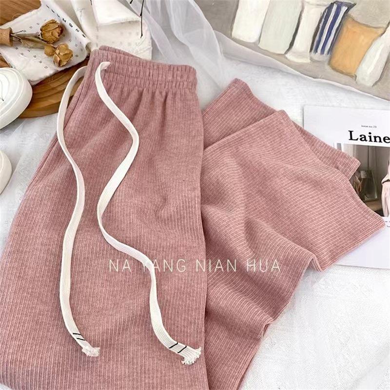 Women's Cream Cashmere Wide-Leg Knit Pants - High Waist, Floor-Length, Solid Color, Autumn/Winter
