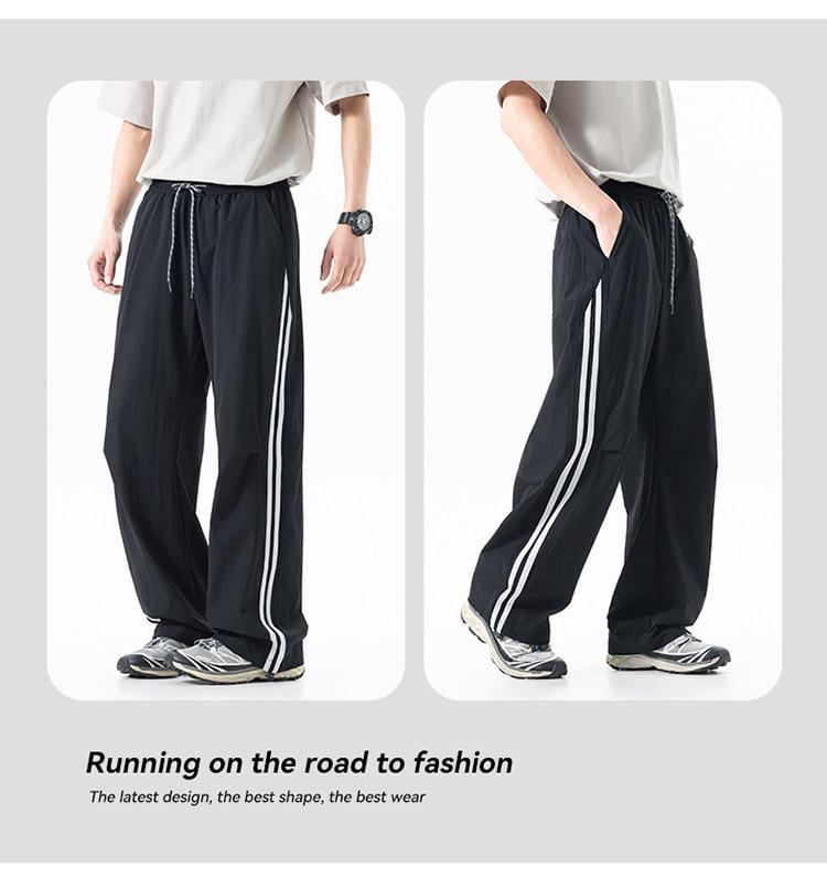 Men's American Outdoor Striped Drawstring Wide-Leg Summer Pants - Breathable, Loose, Straight-leg, Casual Sportswear