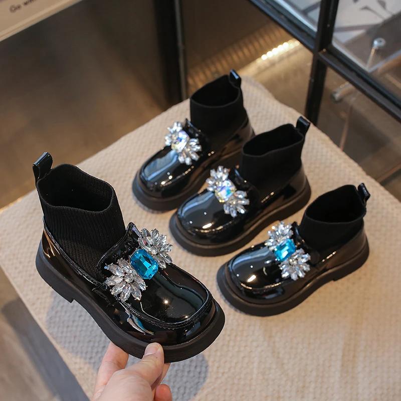 Rhinestone Girls Shoes Children's Leather Boots Autumn Winter Baby Fashion Anti-Slippery Rubber Sole Footwear Zapatos De Niña