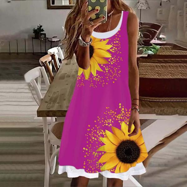 Summer New Fashion Women's Dress Women's Sunflower Fake Two Pieces Printed Sleeveless Casual Soft and Comfortable Plus Size Dress S-5XL