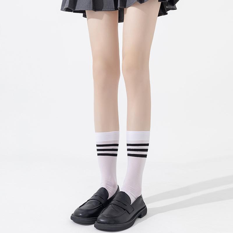 Women's Spring and Summer Thin Preppy Style Three Bar Stripes Long Leg Socks