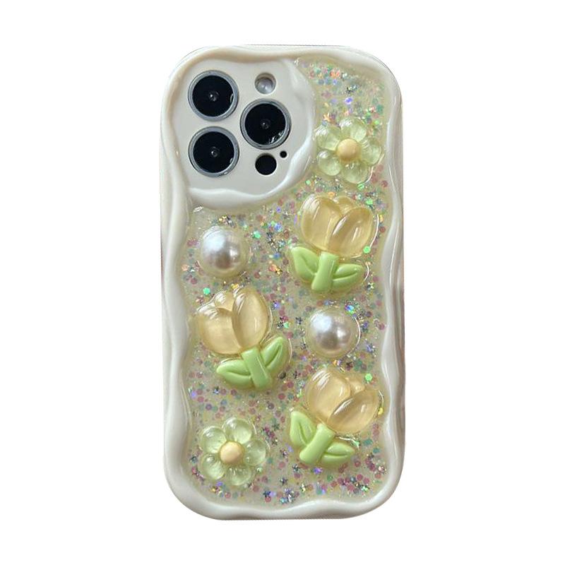 Applicable Iphone17Promax Pearl Flower Tulip Phone Case Apple 15 Glitter Sequins 16 Case