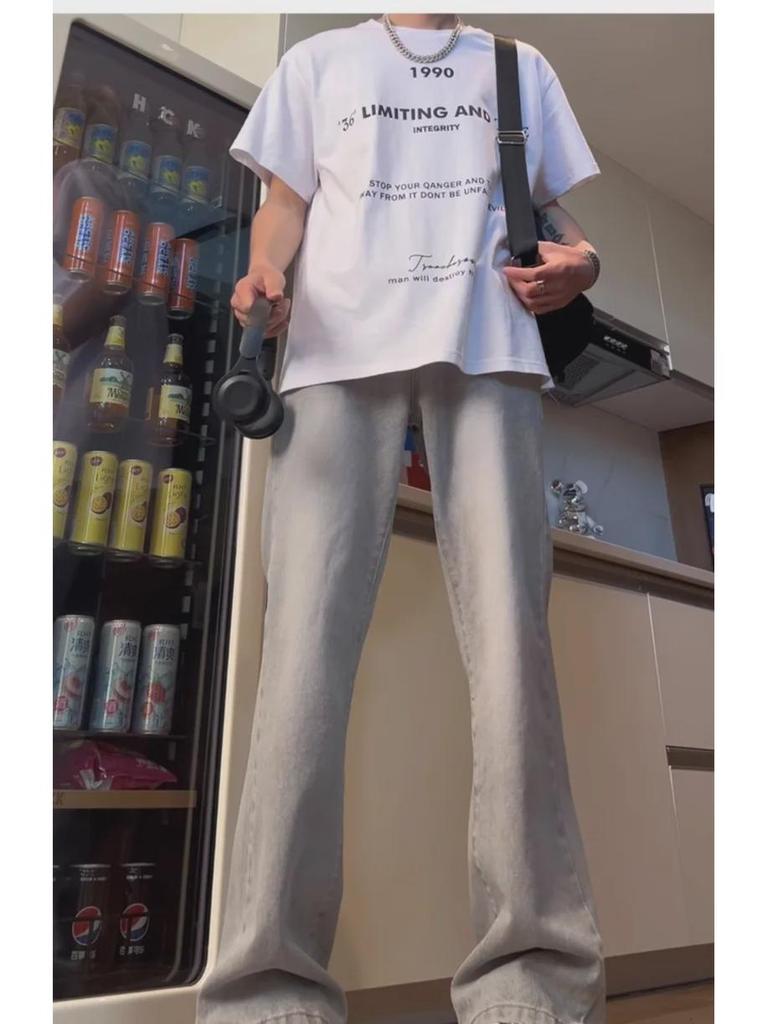 Light Blue Men's Flared Machete Jeans - Versatile American High Street Style, Straight Leg Summer Pants.