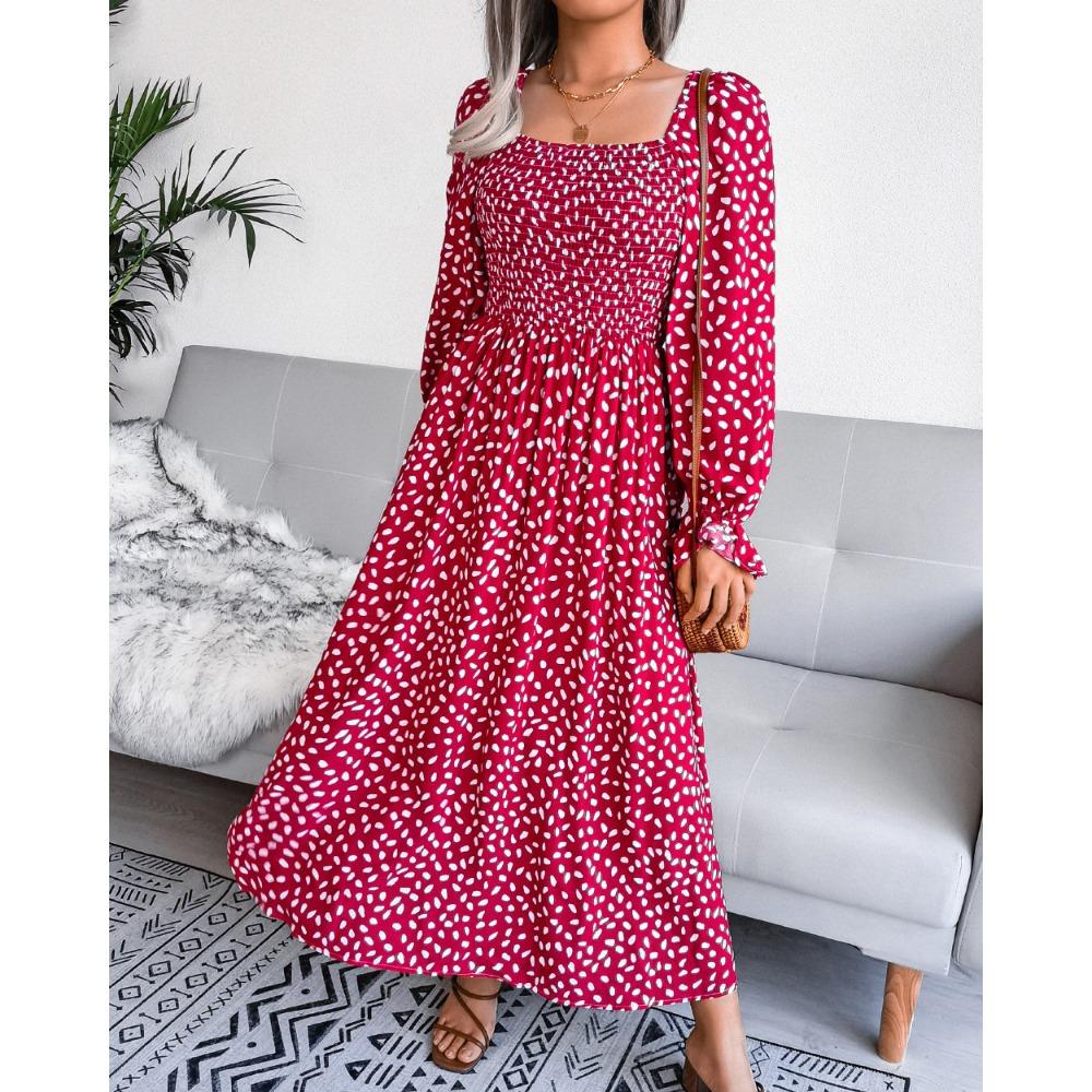 Spring Summer Square Neck Long Sleeve Holiday Cotton Dress Pleated Long Women's Dresses