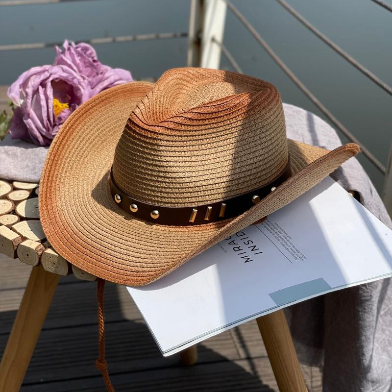 Rivet Belt Gradient Color Jazz Cowboy Straw Hat for Women, Summer Outdoor Fishing Sun Protection Hat, Men's Sunshade Beach Hat