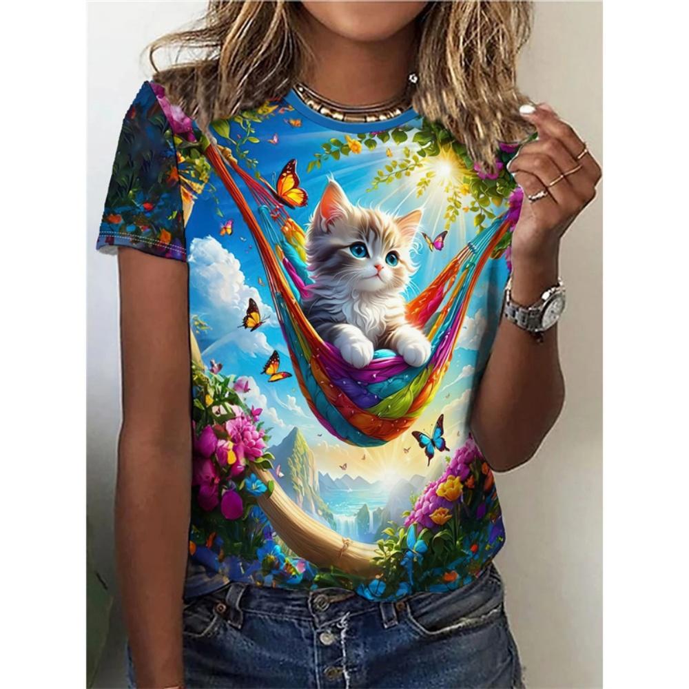 Sommer Rundhals 3D Lustiges Katzenmuster Druck Top Modische Lässige Kurzarm Damen T-Shirts