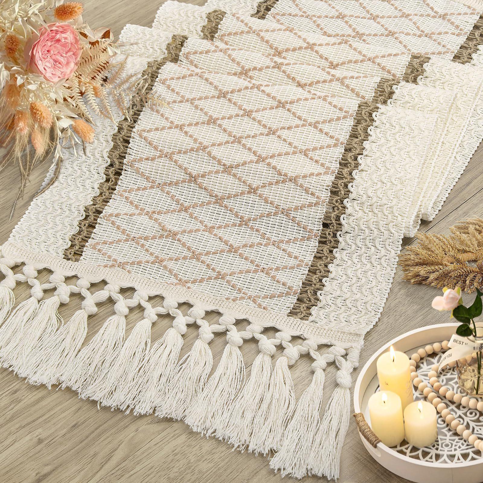 

1Pcs Two Tone Woven Tassel Table Flag Cotton Linen Striped Tablecloth Living Room Dining Table Party Home Decor Table Runner 30*220cm