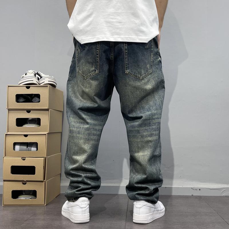 Washed Vintage Patchwork Jeans with Patches Men's Loose Straight Leg Pants High Street Trend