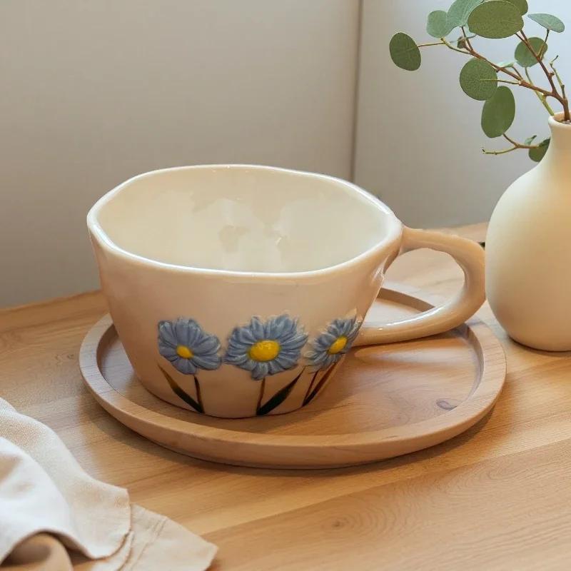250ml Hand-drawn Relief Coffee Cups Hand Pinched Irregular Ceramic Mugs Daisy Water Cup Pink Bow Croissant Oatmeal Breakfast Mug