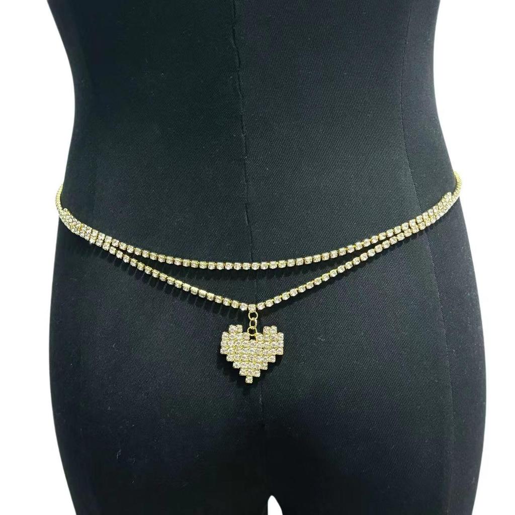 European and American Stylish Double Layer Heart Pendant Waist Chain - Full Diamond Belly Dance Accessory