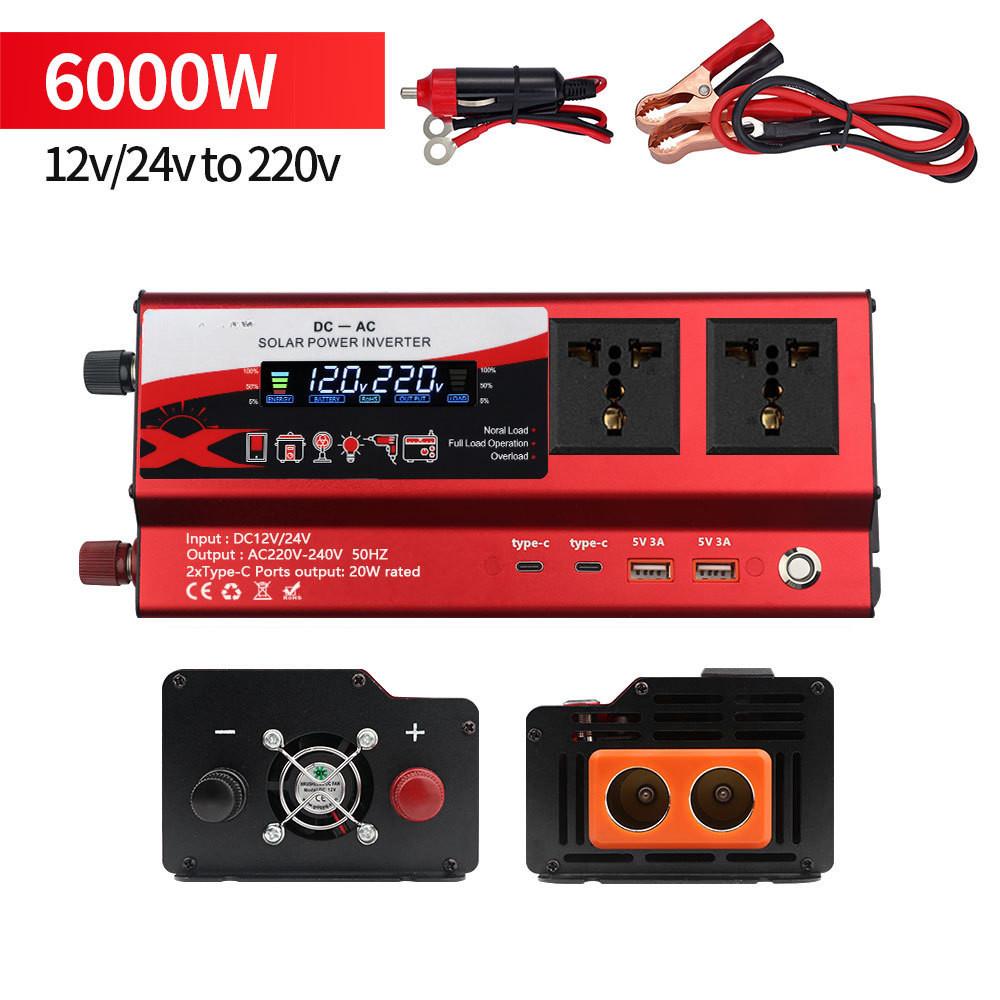 3000W/4000W/6000W Intelligent Display Power Inverter With Light High Power Portable Car Inverter Red Power Converter
