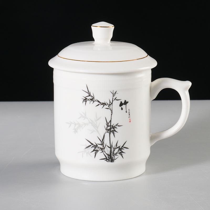 Meilan bamboo chrysanthemum ceramic teacup household large-capacity water cup with lid office meeting cup gift cup set lettering