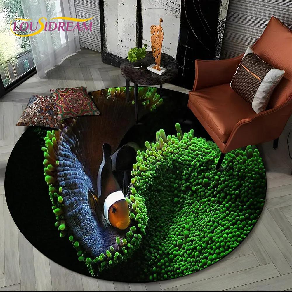 3D Seabed Underwater World Dolphin Turtle Round Area Rug,Carpet for Living Room Bedroom Sofa Playroom Decor,Non-slip Floor Mat
