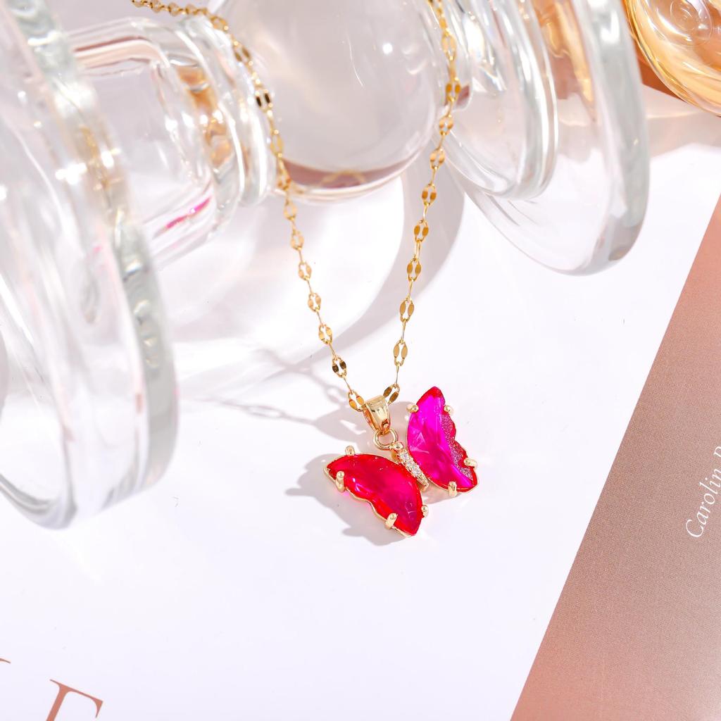 Iridescent Gradient Butterfly Necklace with Zirconia Rhinestones - Titanium Steel Clavicle Chain Pendant.