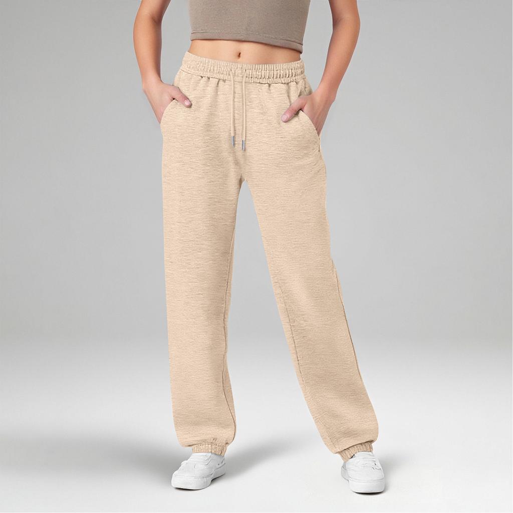 Women's Wide Leg Sports Pants Yoga Straight Mid-Rise Drawstring Elastic Low-Waist Clothing With Pockets
