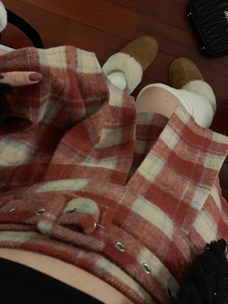 Autumn 2025 Women's High Waist Plaid Wool A-line Skirt with Belt