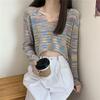 Sweater Rainbow Dye Striped Cropped Short Sweater Long Sleeve Knit V-Neck Loose Top Pullover Knit