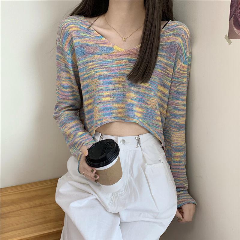 Sweater Rainbow Dye Striped Cropped Short Sweater Long Sleeve Knit V-Neck Loose Top Pullover Knit
