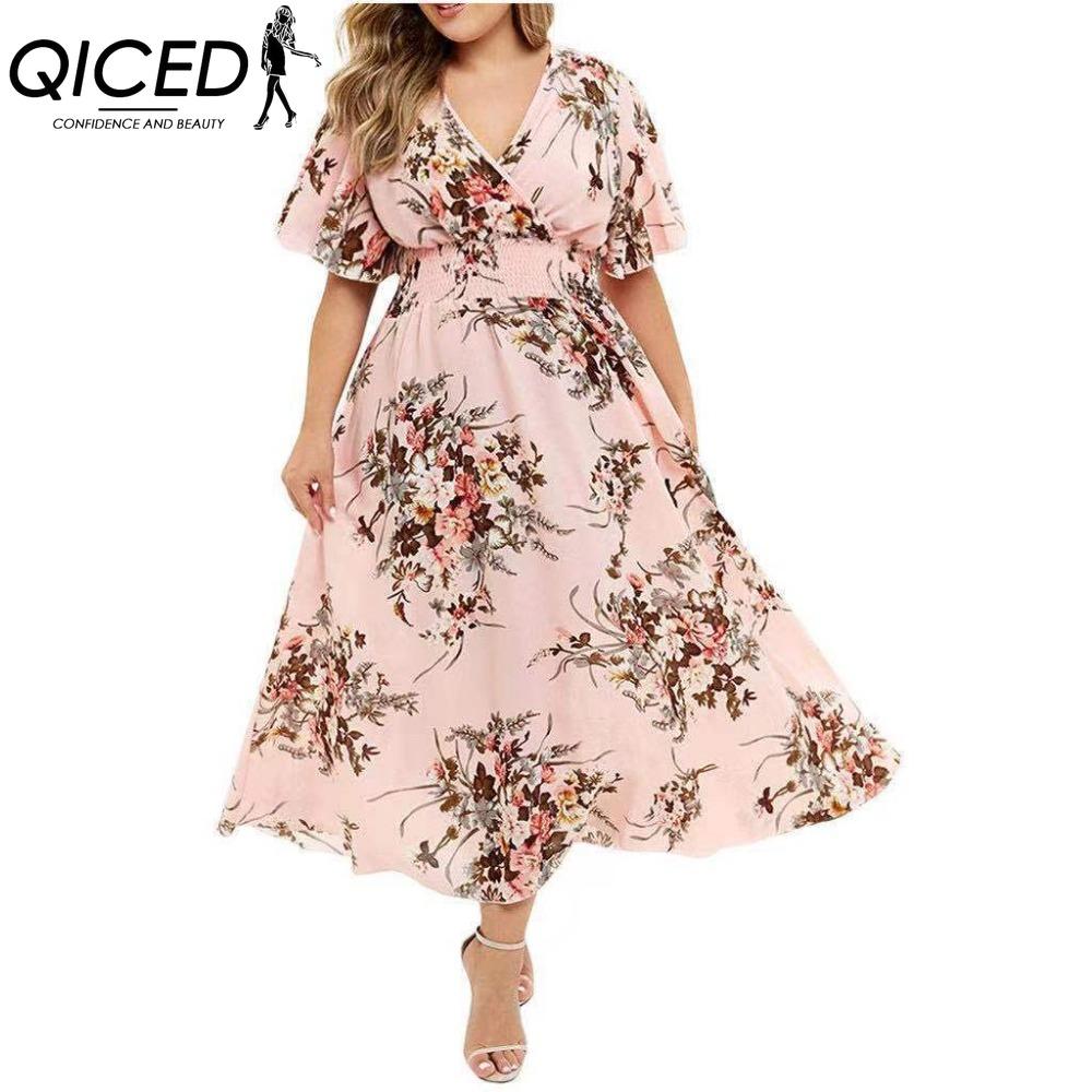 QICED Plus Size Fashion Women Casual Floral Print V Neck Short Dress