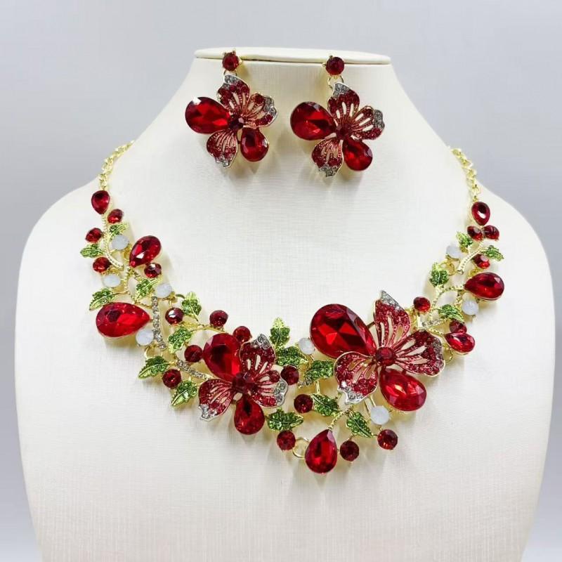Sparkling Colorful Crystal Gemstone Necklace Earring Set Women Wedding Party Stage Accessory Floral Fashion Jewelry