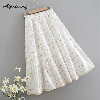 Japanese Mori Girl Summer Autumn Women A-Line Skirt Elastic-Waisted Floral Print Sweet Fresh Elegant Hollow Out Skirt