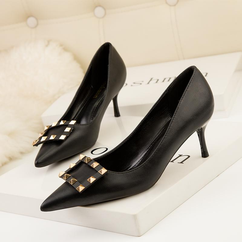 Fashion Women's Black Pointed Toe High Heels Stiletto Shoes with Metal Rivets Square Buckle New Leather Work Shoes
