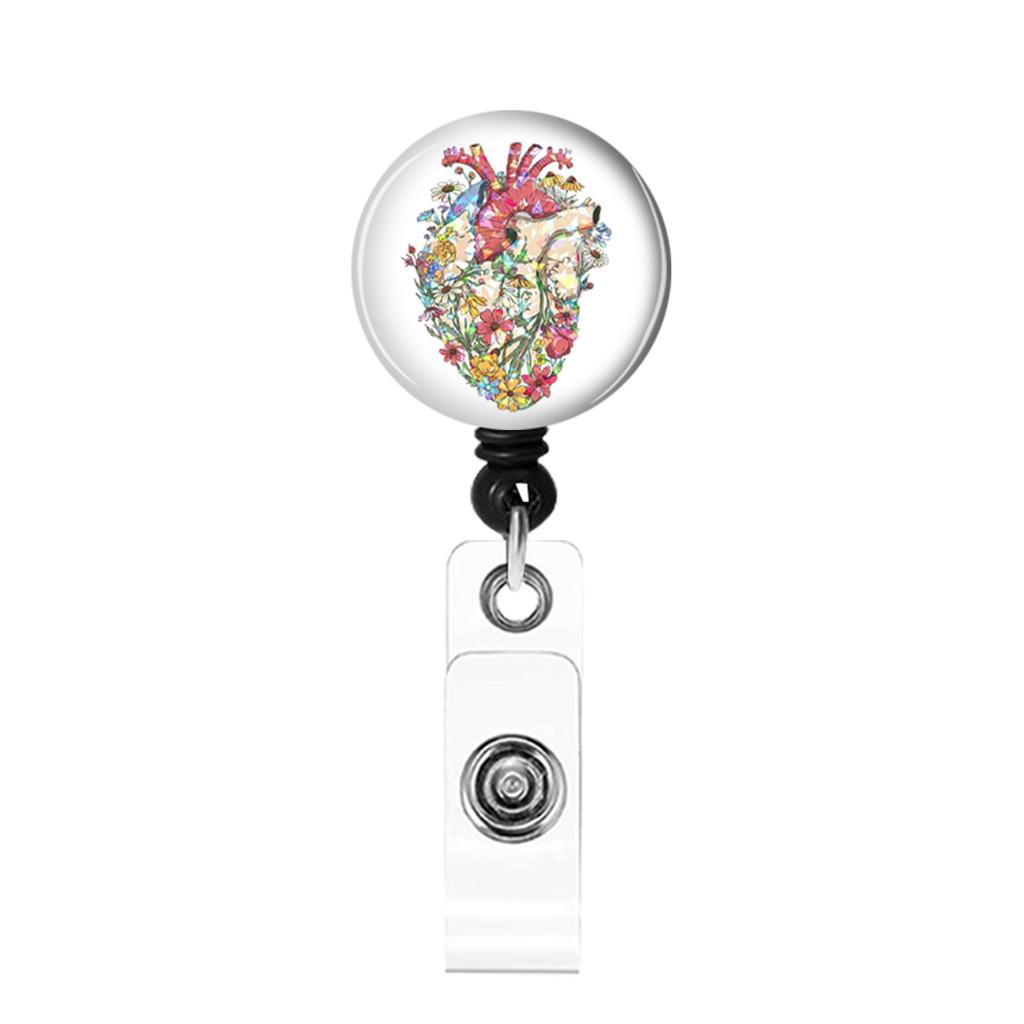 Skull Flower Id Tag Badge Holder With Retractable Badge Reel Cards Storage Organizer For Nurses Employee Pass Work Card Holder