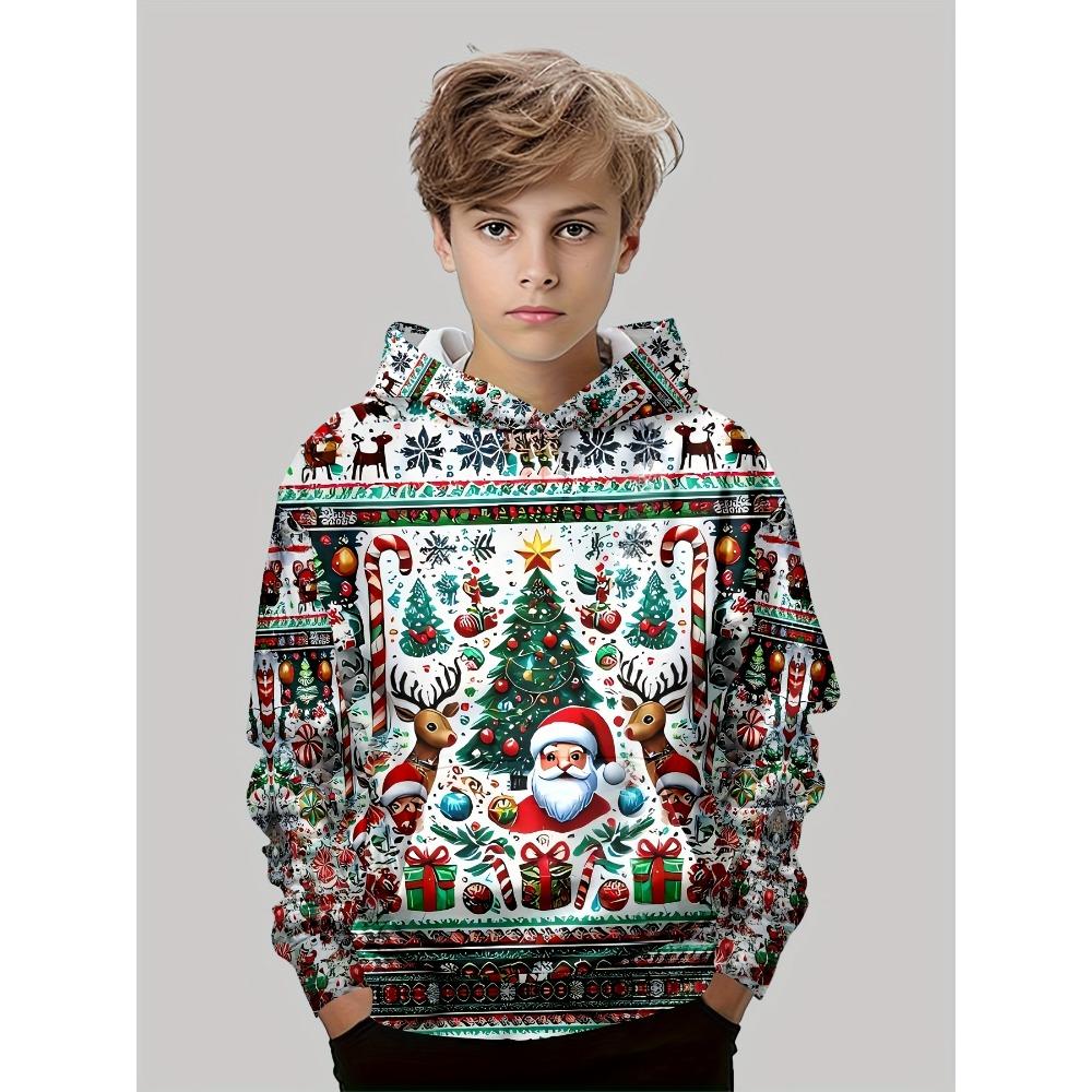 Dětská vtipná vánoční mikina s kapucí, mikina s dlouhým rukávem se Santa Clausem a sobem, chlapecký vánoční dárek
