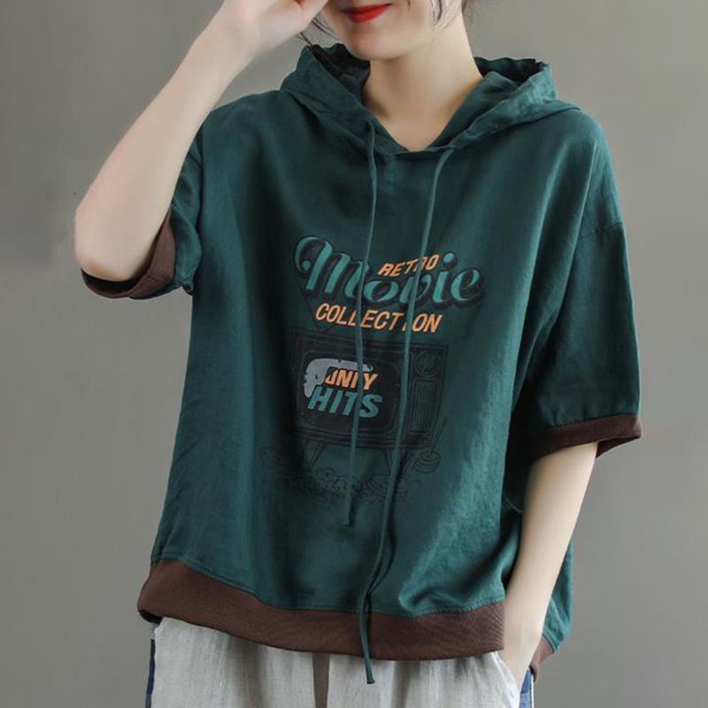 Kurzarmpullover aus Baumwolle für Damen, Sommer, dünn, locker, mit Kapuze, kurzärmelig, lässig, bequemes T-Shirt