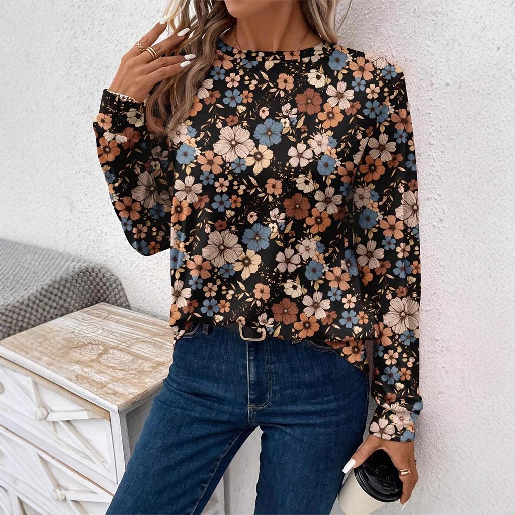 Ladies Autumn Winter Long Sleeve O Neck Flower Printed Pullover T Shirt Top