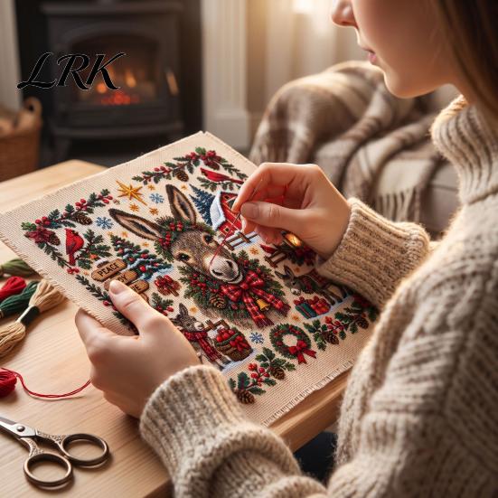 Holiday Animal Needlepoint Patterns Christmas Cross Stitch Kit, Embroidery Starter Seasonal Handmade Present for Friends Pattern, Festive Craft