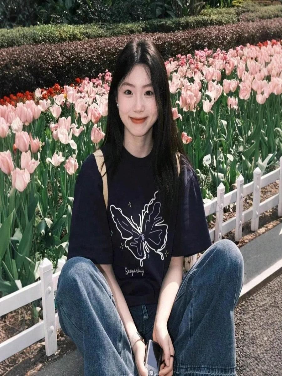 Black Butterfly Short Sleeve Women s T-Shirt Cotton Loose Fit Half Sleeve Summer New Style Korean Chic Top S разноцветный