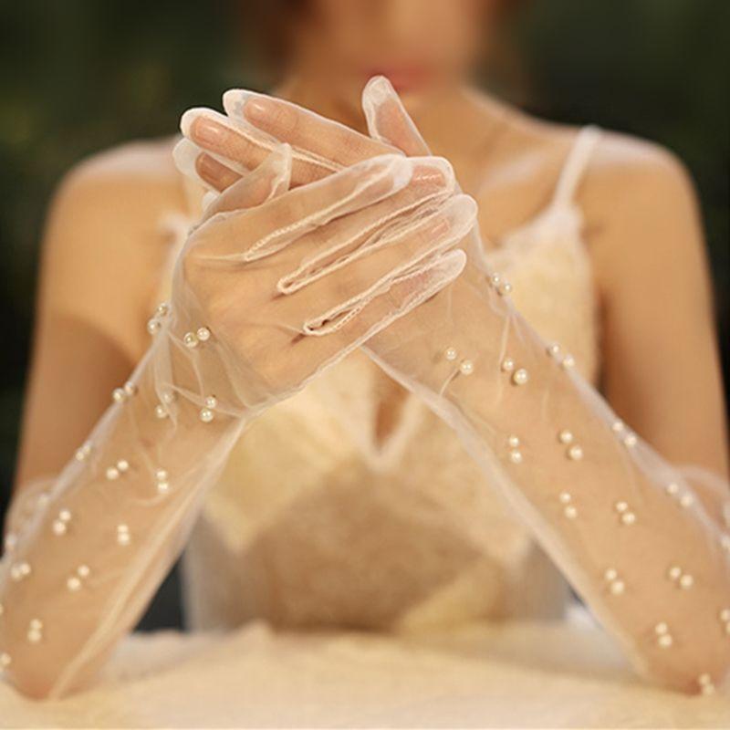 

Transparent Voile Sticky Bead Bag Bridal Stage Half Finger Gloves Short Black Bag Finger Plain Gloves One size