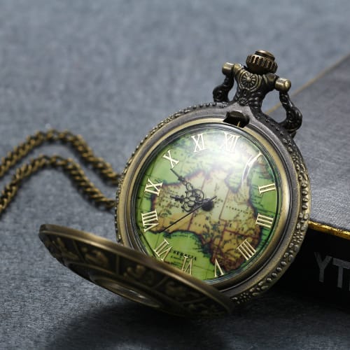 Lancardo Antique Pocket Watch, Battery-Operated, Skeleton, Quartz Movement, Men's & Women's, 12 Zodiac Signs, Roman Numerals, Map, Bronze Necklace