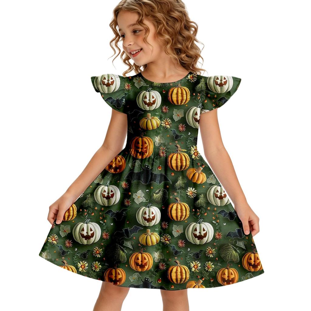 Girls Halloween Casual Round Neck Dress Ruffle Cap Sleeves A-Line Skater Dress Soft Comfortable Fabric Suitable for Daily Wear
